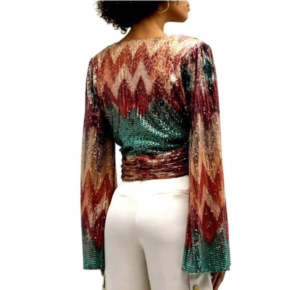 New Ramy Brook Erin Sequined Multicolor Long Sleeve Cropped Top Size 4 - Picture 3 of 10